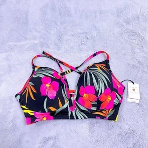 Shade & Shore Swim Dream Strappy Bikini Bra Top Black Pink Floral Padded 34DD